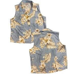 Pacific Legend Womens Vintage Blue Floral Hawaiian Sleeveless Shirt Size L‎